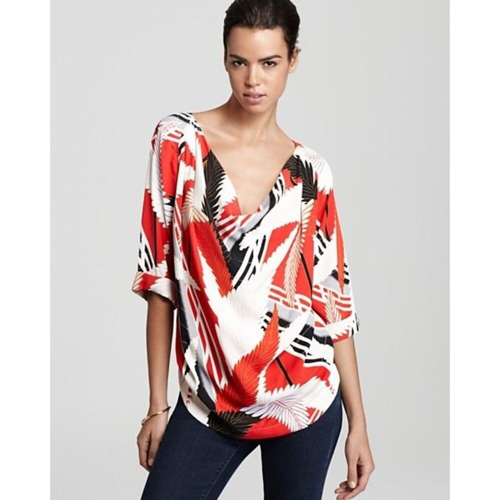 Womens New NWT $138 Tegan Blouse Red Raven Plummage Cowl Neck 0 White Black Gray